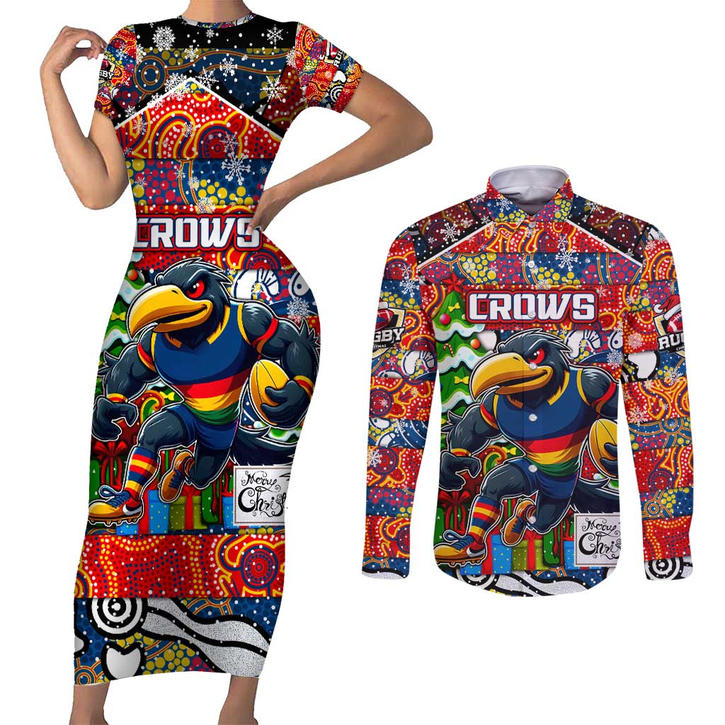 Custom Crows Rugby Merry Christmas Couples Matching Short Sleeve Bodycon Dress and Long Sleeve Button Shirt Indigenous Australian Art