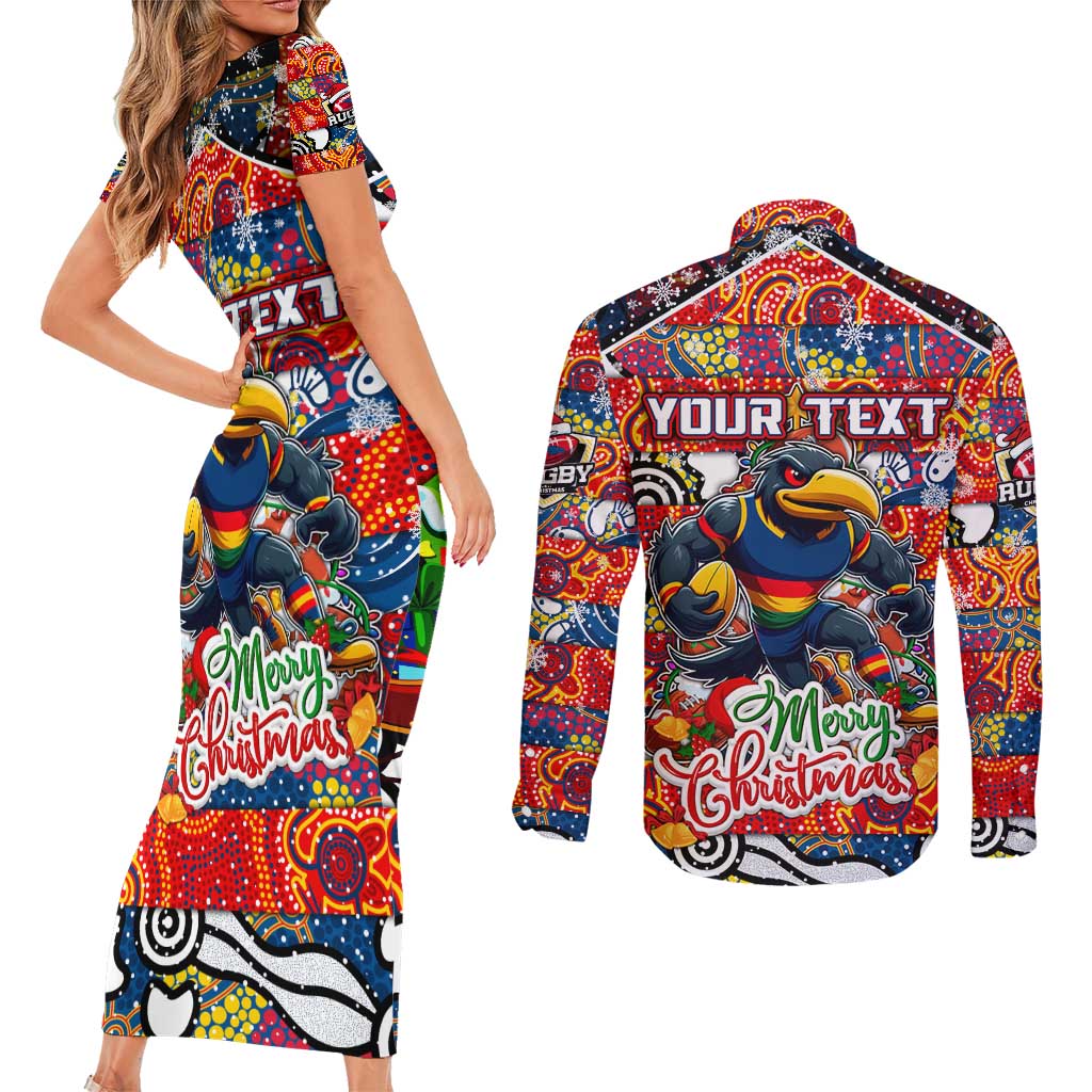 Custom Crows Rugby Merry Christmas Couples Matching Short Sleeve Bodycon Dress and Long Sleeve Button Shirt Indigenous Australian Art