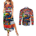 Custom Crows Rugby Merry Christmas Couples Matching Summer Maxi Dress and Long Sleeve Button Shirt Indigenous Australian Art