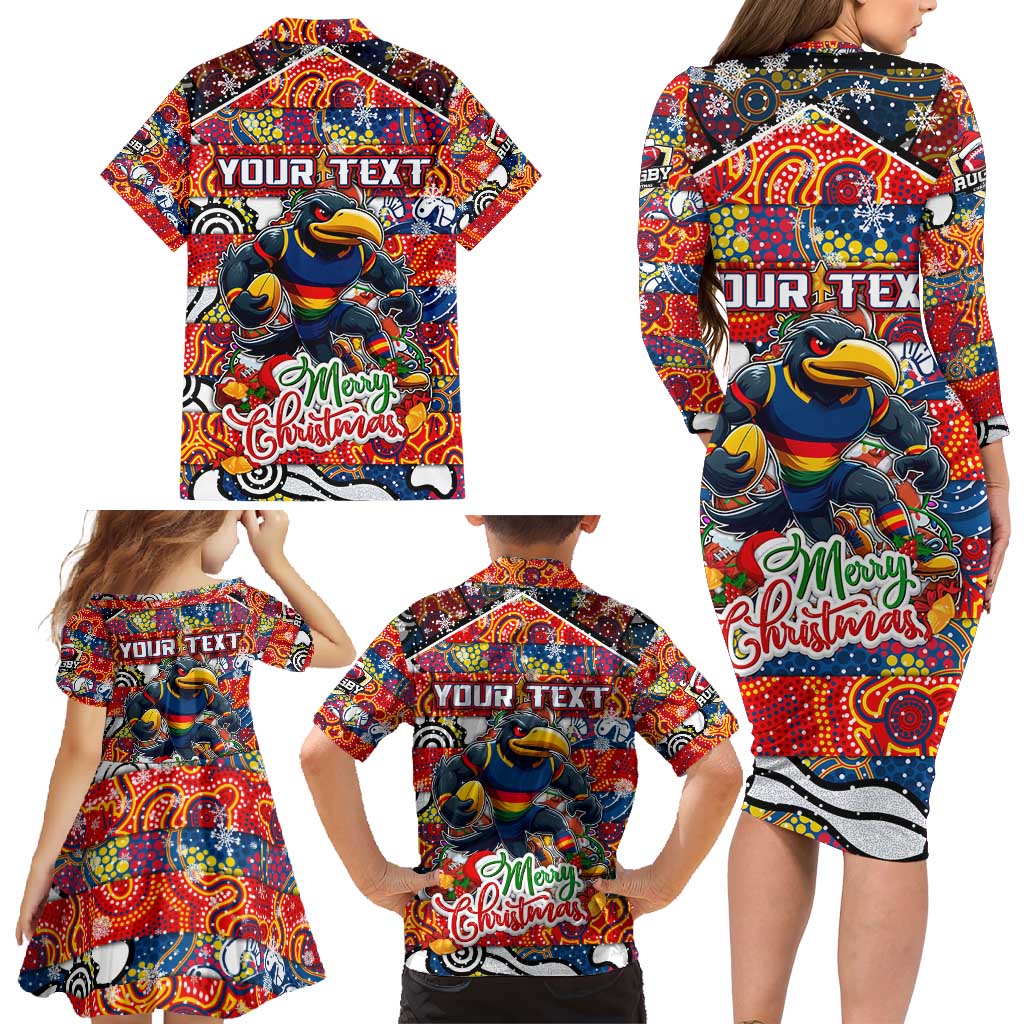 Custom Crows Rugby Merry Christmas Family Matching Long Sleeve Bodycon Dress and Hawaiian Shirt Indigenous Australian Art