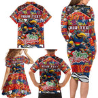 Custom Crows Rugby Merry Christmas Family Matching Long Sleeve Bodycon Dress and Hawaiian Shirt Indigenous Australian Art