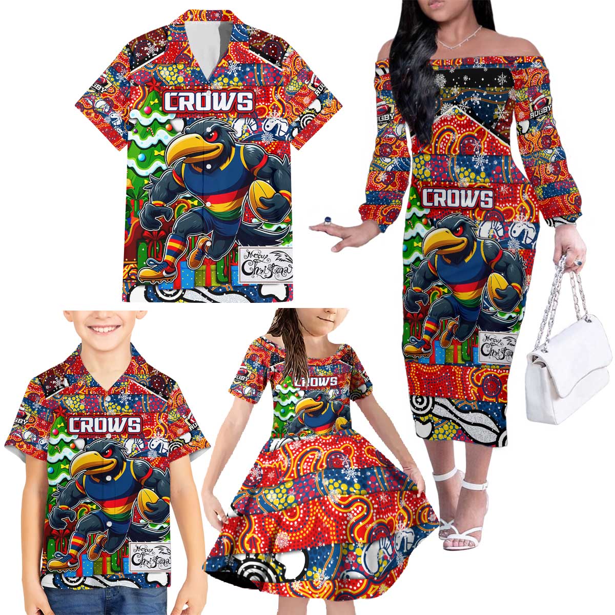 Custom Crows Rugby Merry Christmas Family Matching Off The Shoulder Long Sleeve Dress and Hawaiian Shirt Indigenous Australian Art