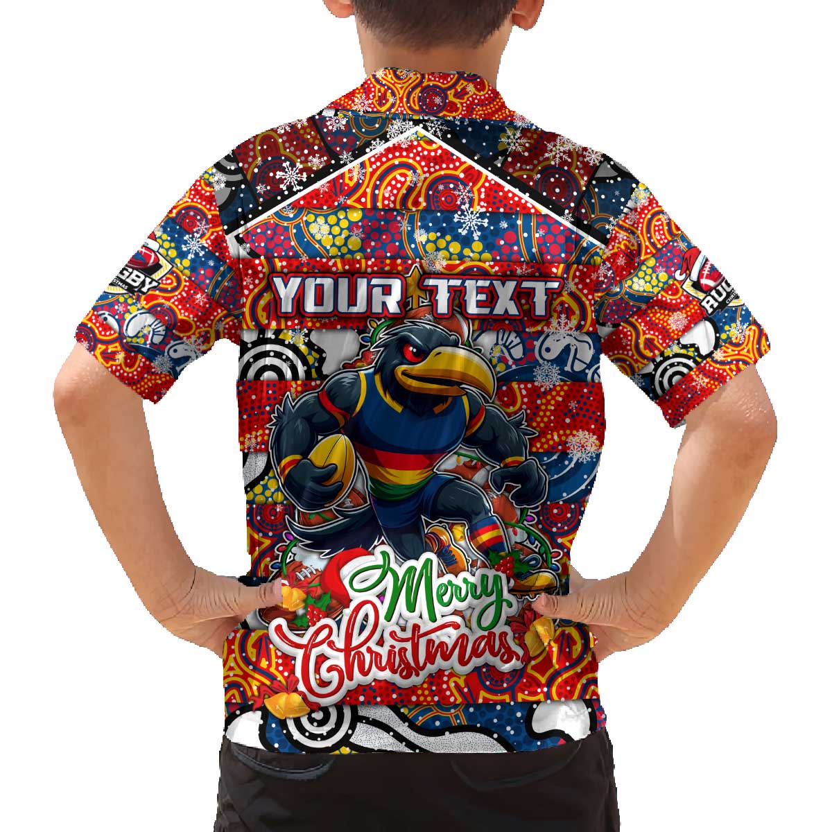 Custom Crows Rugby Merry Christmas Family Matching Off The Shoulder Long Sleeve Dress and Hawaiian Shirt Indigenous Australian Art