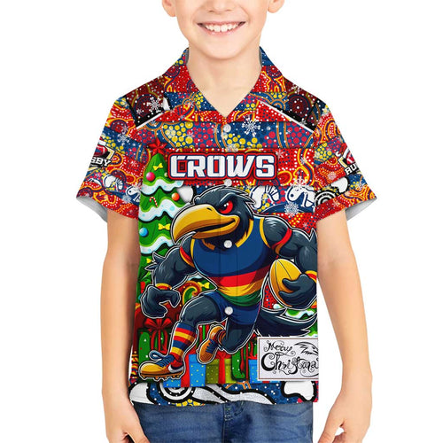 Custom Crows Rugby Merry Christmas Family Matching Off Shoulder Short Dress and Hawaiian Shirt Indigenous Australian Art