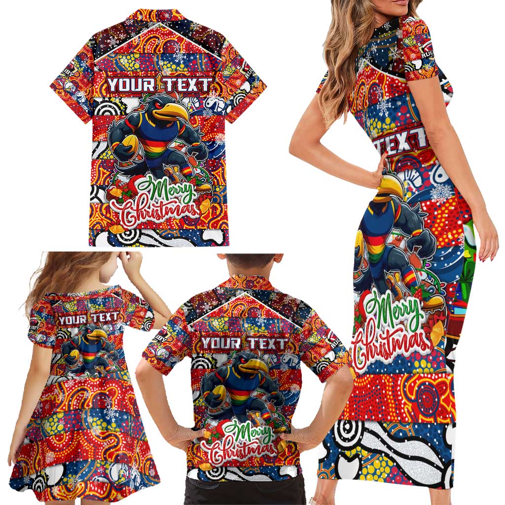 Custom Crows Rugby Merry Christmas Family Matching Short Sleeve Bodycon Dress and Hawaiian Shirt Indigenous Australian Art