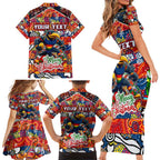 Custom Crows Rugby Merry Christmas Family Matching Short Sleeve Bodycon Dress and Hawaiian Shirt Indigenous Australian Art