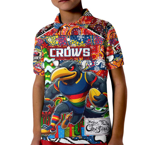 Custom Crows Rugby Merry Christmas Kid Polo Shirt Indigenous Australian Art