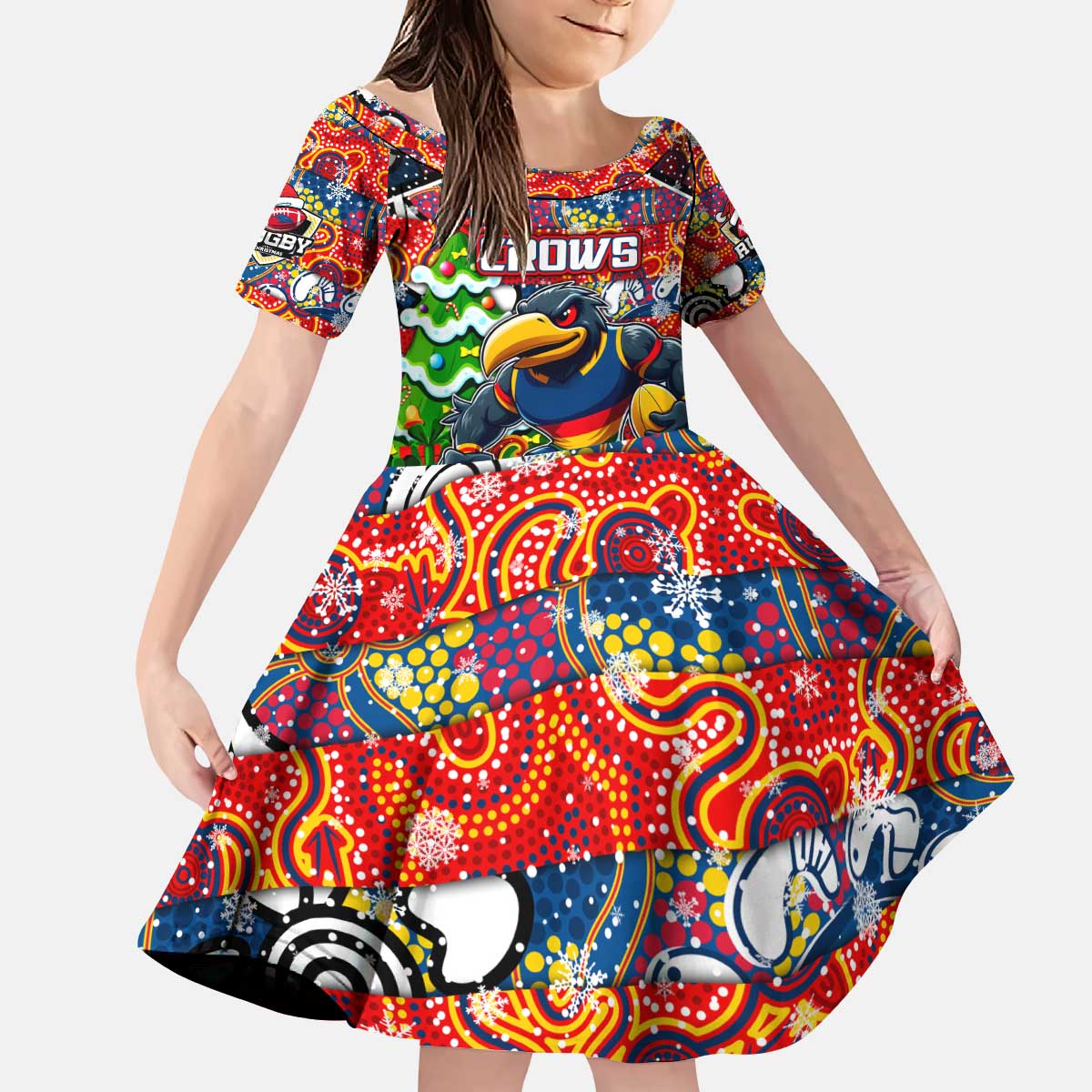 Custom Crows Rugby Merry Christmas Kid Short Sleeve Dress Indigenous Australian Art