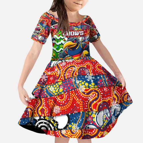 Custom Crows Rugby Merry Christmas Kid Short Sleeve Dress Indigenous Australian Art