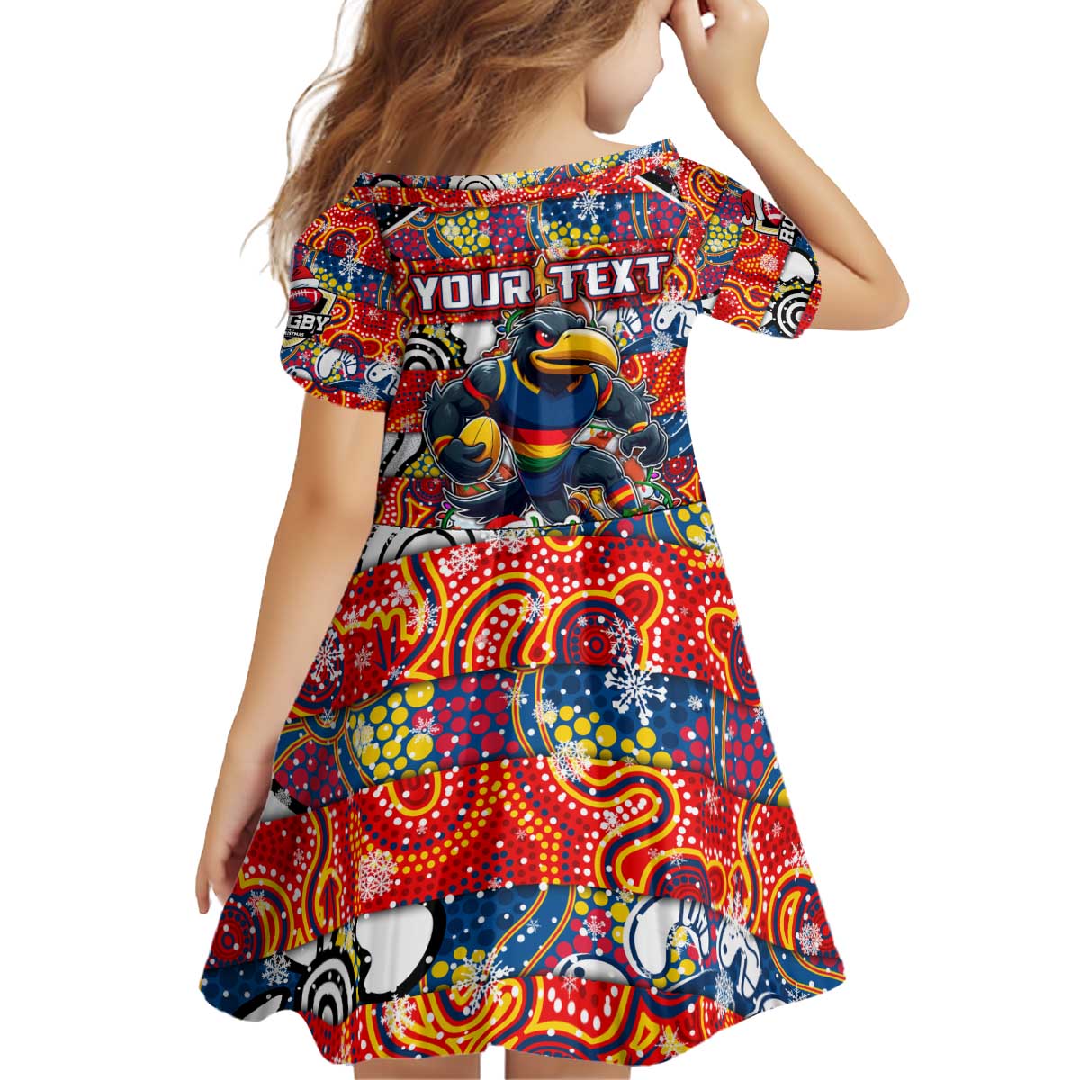 Custom Crows Rugby Merry Christmas Kid Short Sleeve Dress Indigenous Australian Art