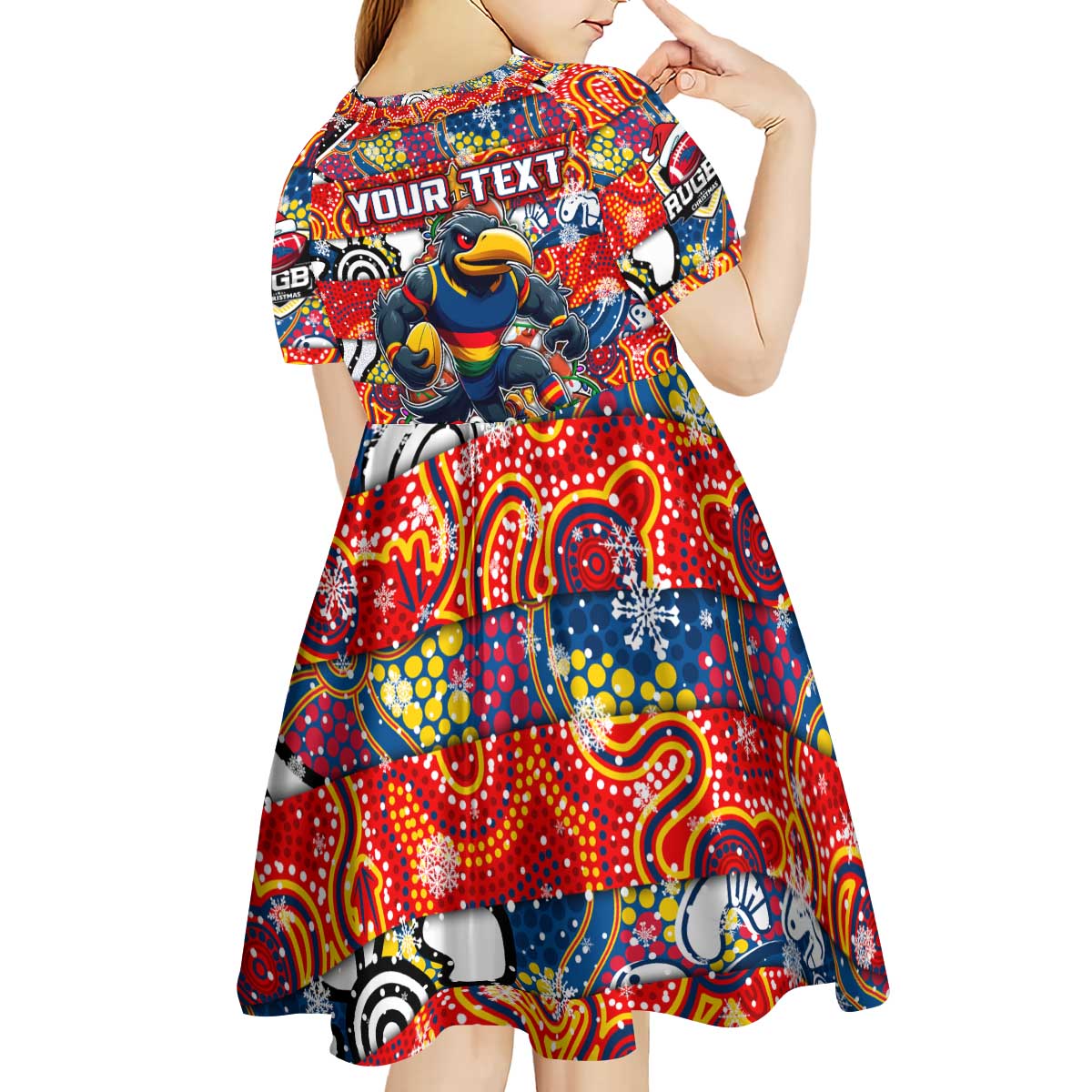 Custom Crows Rugby Merry Christmas Kid Short Sleeve Dress Indigenous Australian Art
