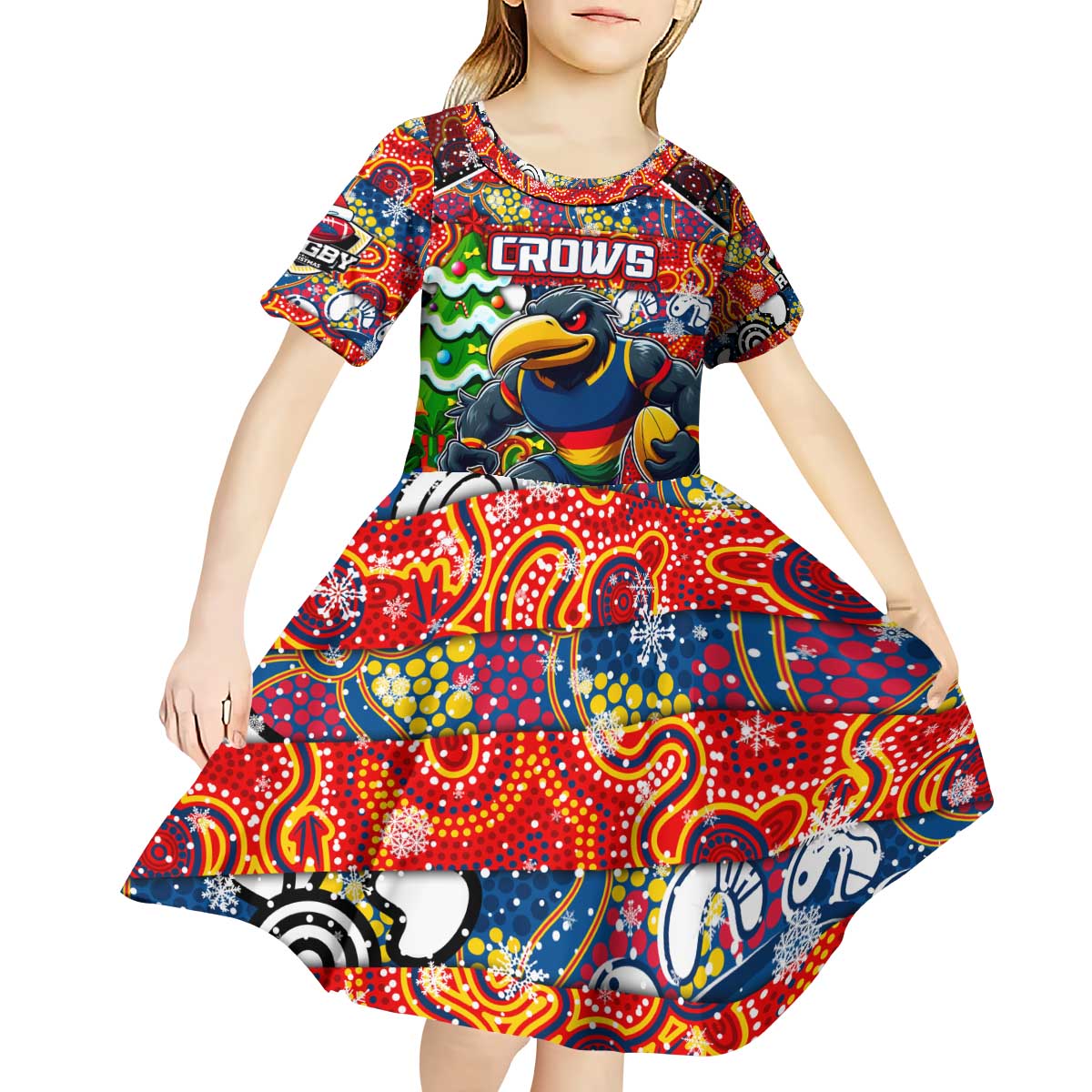 Custom Crows Rugby Merry Christmas Kid Short Sleeve Dress Indigenous Australian Art