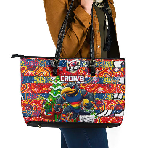 Crows Football Merry Christmas Leather Tote Bag Indigenous Australian Art