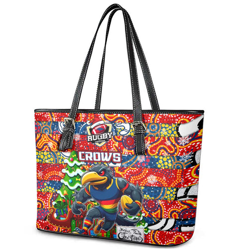 Crows Football Merry Christmas Leather Tote Bag Indigenous Australian Art