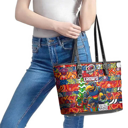 Crows Football Merry Christmas Leather Tote Bag Indigenous Australian Art