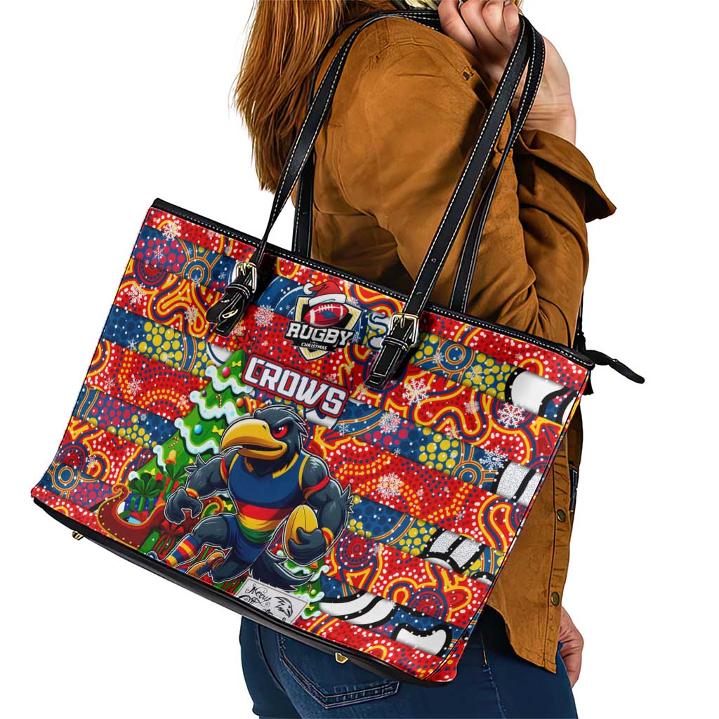 Crows Football Merry Christmas Leather Tote Bag Indigenous Australian Art
