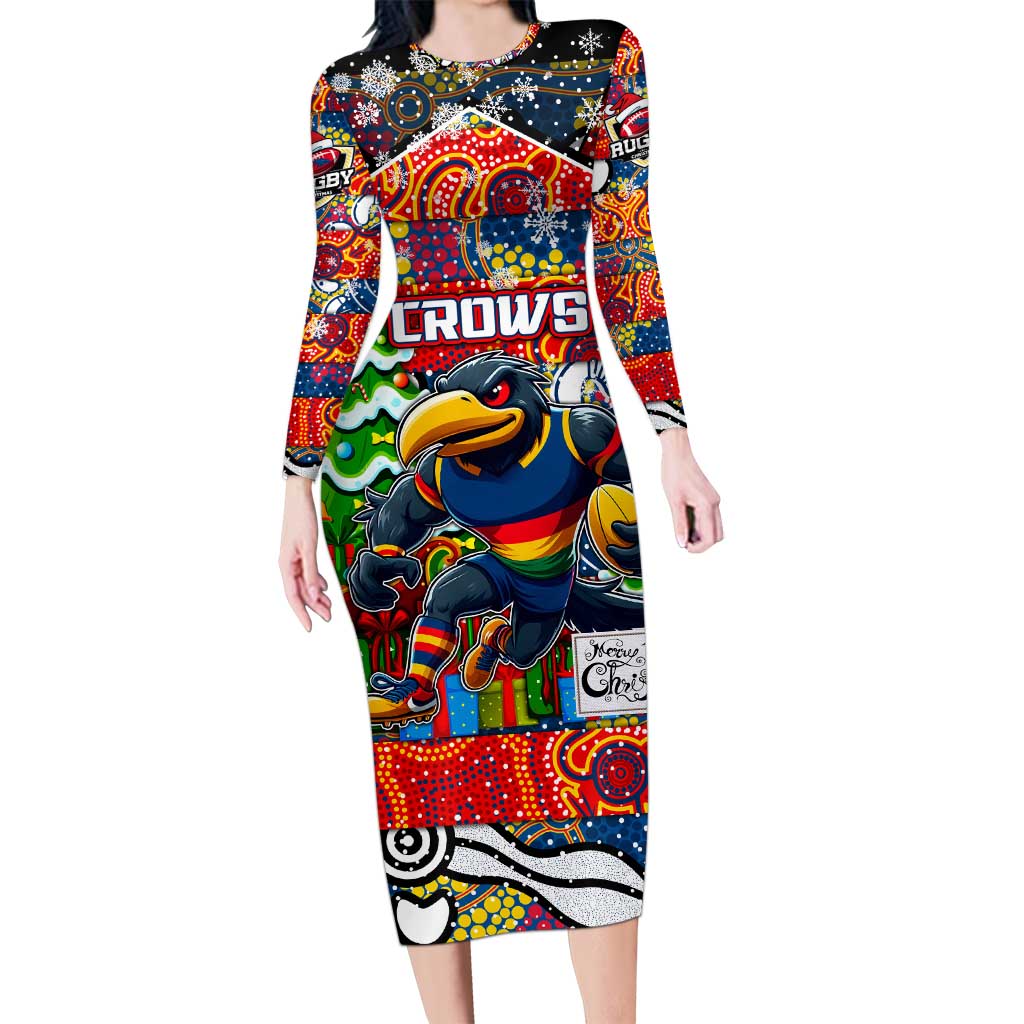Custom Crows Rugby Merry Christmas Long Sleeve Bodycon Dress Indigenous Australian Art