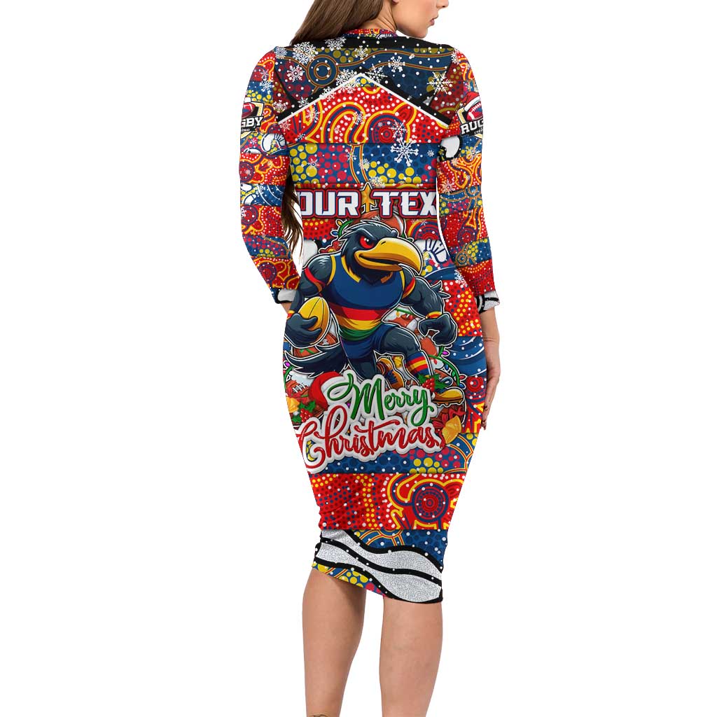 Custom Crows Rugby Merry Christmas Long Sleeve Bodycon Dress Indigenous Australian Art