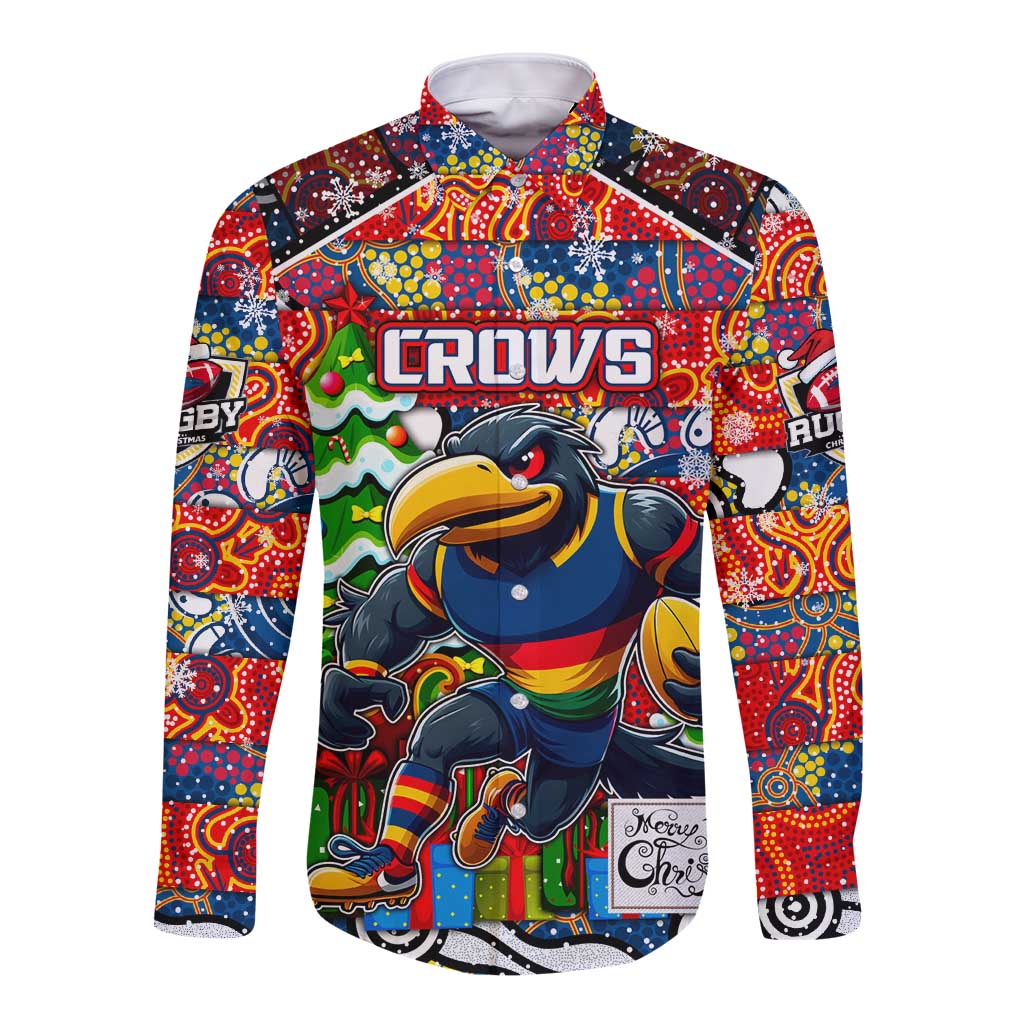 Custom Crows Rugby Merry Christmas Long Sleeve Button Shirt Indigenous Australian Art