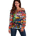 Custom Crows Rugby Merry Christmas Off Shoulder Sweater Indigenous Australian Art
