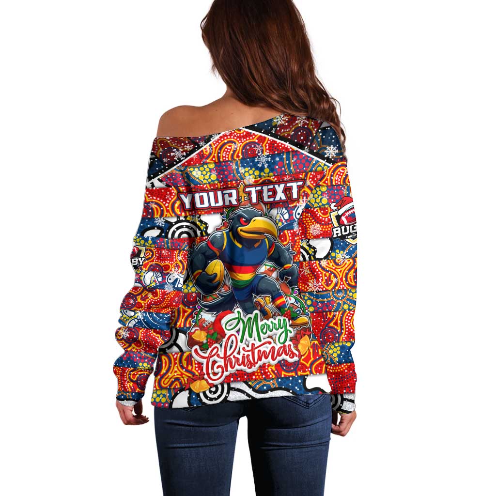 Custom Crows Rugby Merry Christmas Off Shoulder Sweater Indigenous Australian Art
