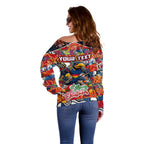 Custom Crows Rugby Merry Christmas Off Shoulder Sweater Indigenous Australian Art