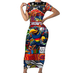 Custom Crows Rugby Merry Christmas Short Sleeve Bodycon Dress Indigenous Australian Art
