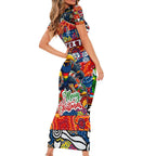 Custom Crows Rugby Merry Christmas Short Sleeve Bodycon Dress Indigenous Australian Art