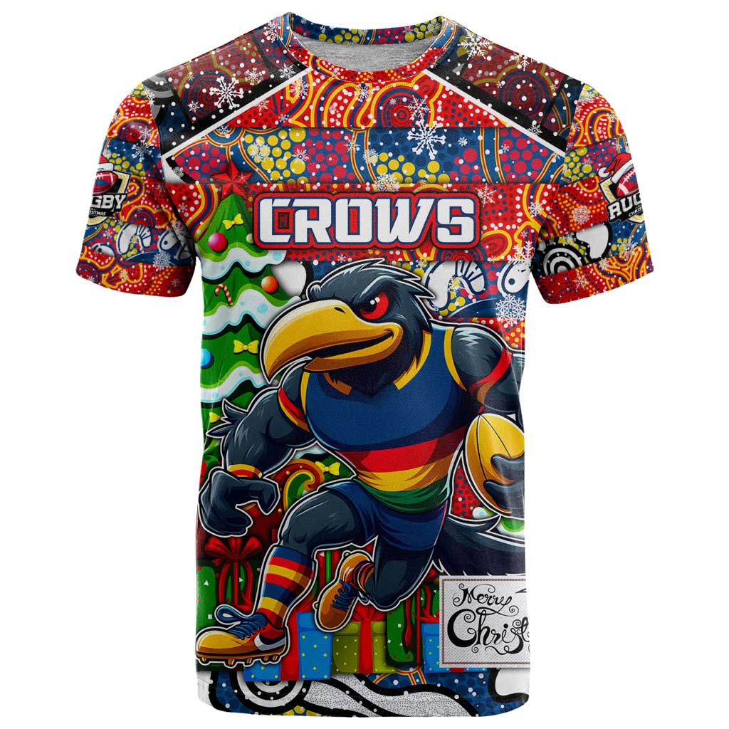Custom Crows Rugby Merry Christmas T Shirt Indigenous Australian Art