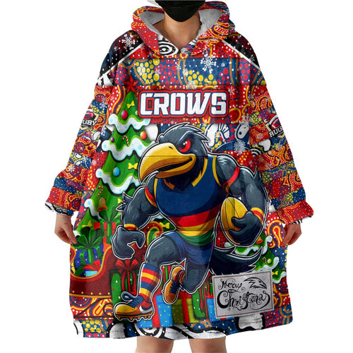 Custom Crows Rugby Merry Christmas Wearable Blanket Hoodie Indigenous Australian Art