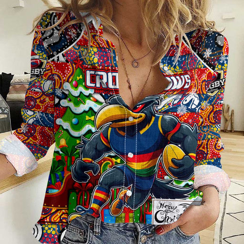 Custom Crows Rugby Merry Christmas Women Casual Shirt Indigenous Australian Art