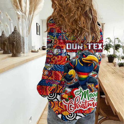 Custom Crows Rugby Merry Christmas Women Casual Shirt Indigenous Australian Art