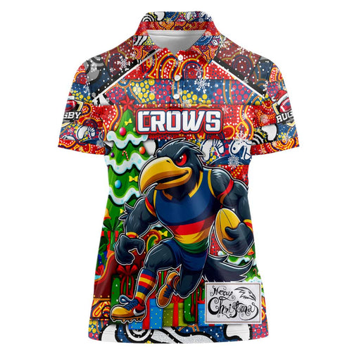 Custom Crows Rugby Merry Christmas Women Polo Shirt Indigenous Australian Art