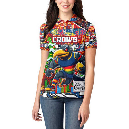 Custom Crows Rugby Merry Christmas Women Polo Shirt Indigenous Australian Art