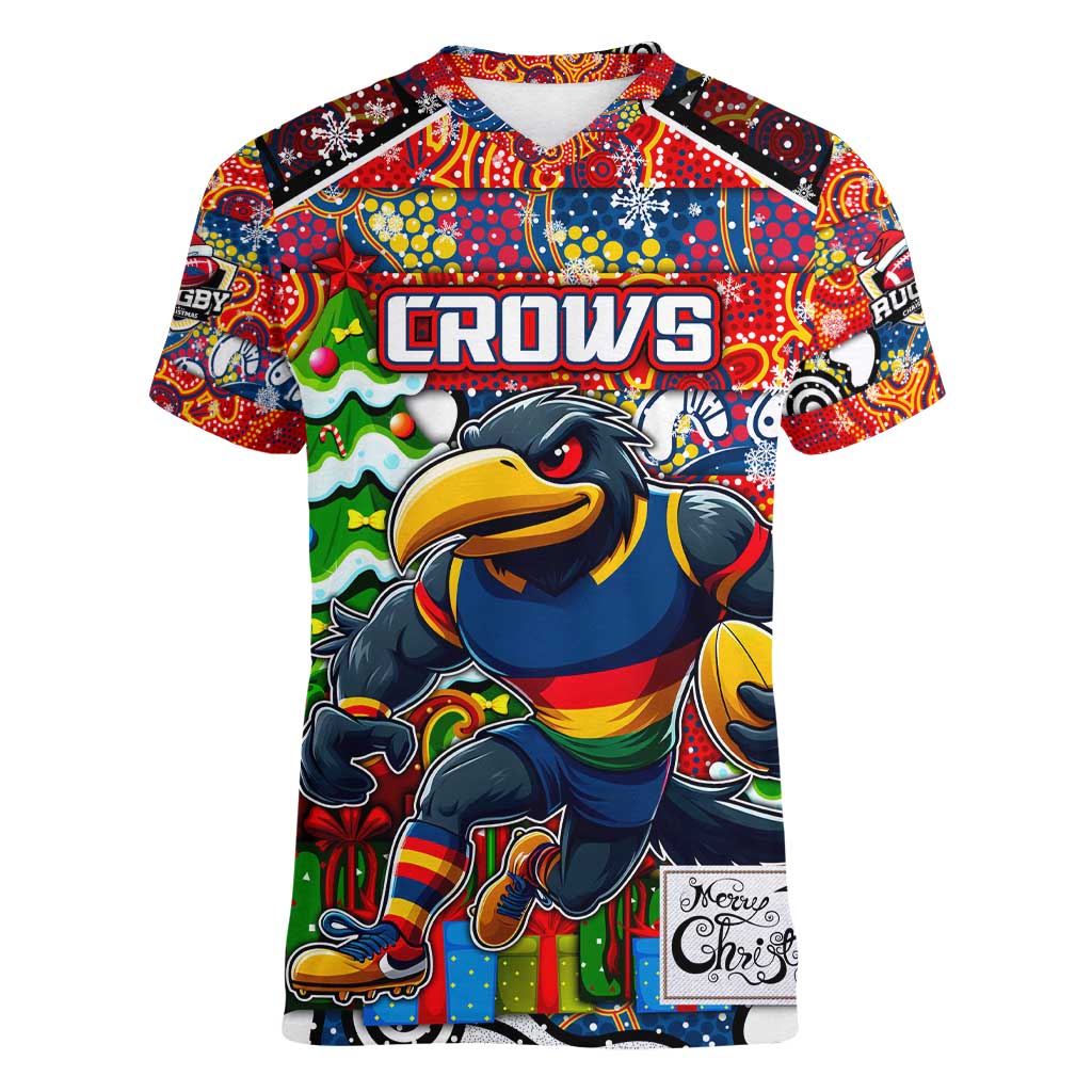 Custom Crows Rugby Merry Christmas Women V-Neck T-Shirt Indigenous Australian Art