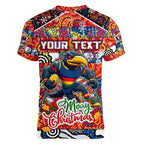 Custom Crows Rugby Merry Christmas Women V-Neck T-Shirt Indigenous Australian Art