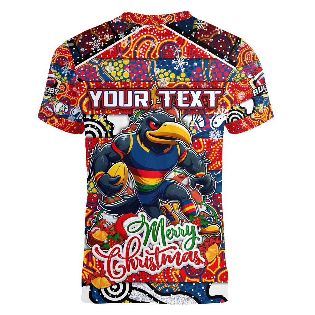Custom Crows Rugby Merry Christmas Women V-Neck T-Shirt Indigenous Australian Art