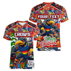 Custom Crows Rugby Merry Christmas Women V-Neck T-Shirt Indigenous Australian Art