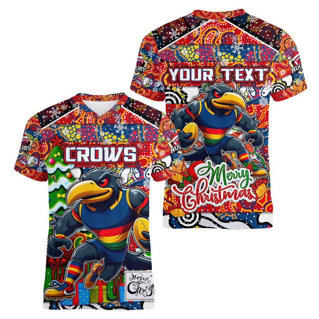 Custom Crows Rugby Merry Christmas Women V-Neck T-Shirt Indigenous Australian Art