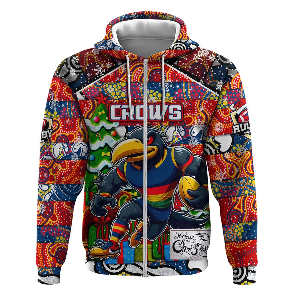 Custom Crows Rugby Merry Christmas Zip Hoodie Indigenous Australian Art