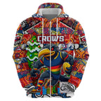 Custom Crows Rugby Merry Christmas Zip Hoodie Indigenous Australian Art