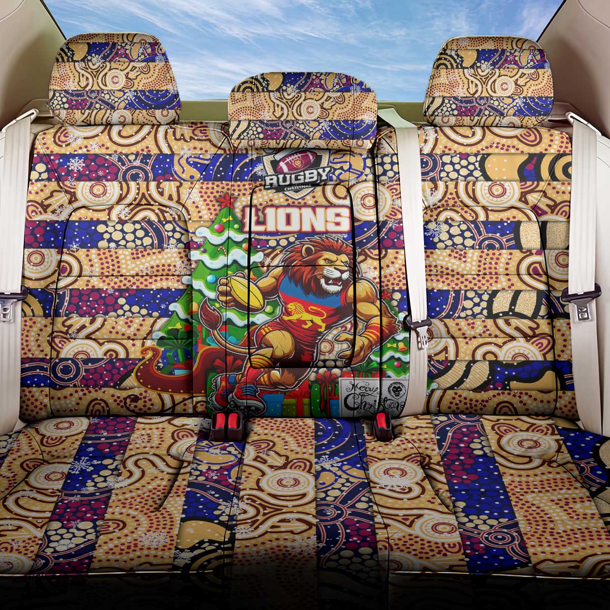 Lions Football Merry Christmas Back Car Seat Cover Indigenous Australian Art