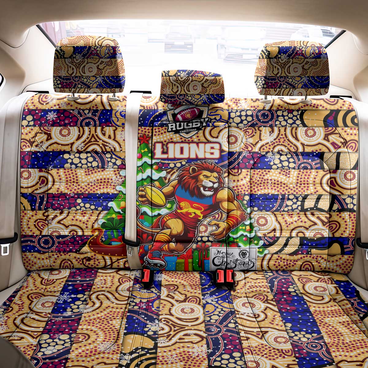 Lions Football Merry Christmas Back Car Seat Cover Indigenous Australian Art