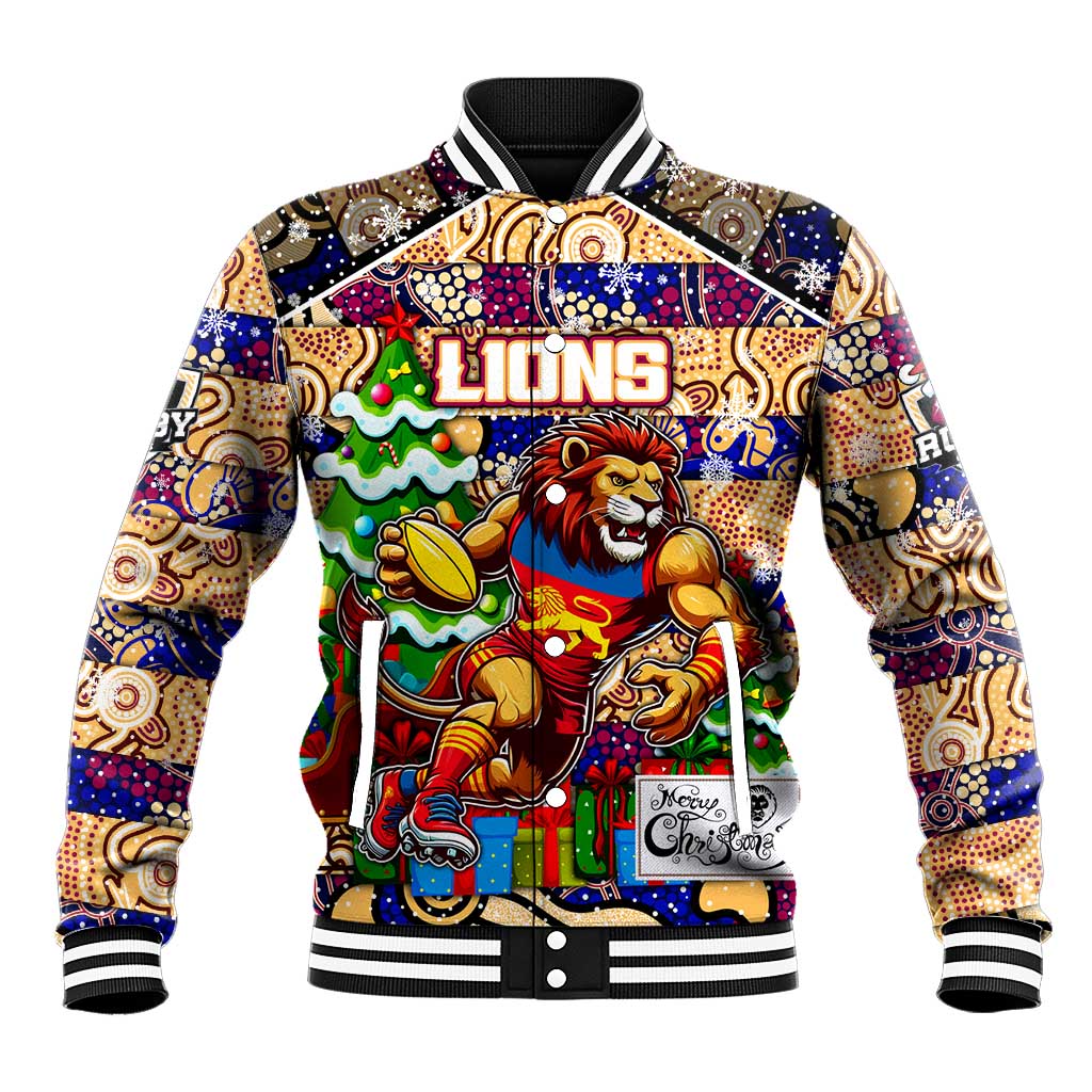 Custom Lions Rugby Merry Christmas Baseball Jacket Indigenous Australian Art