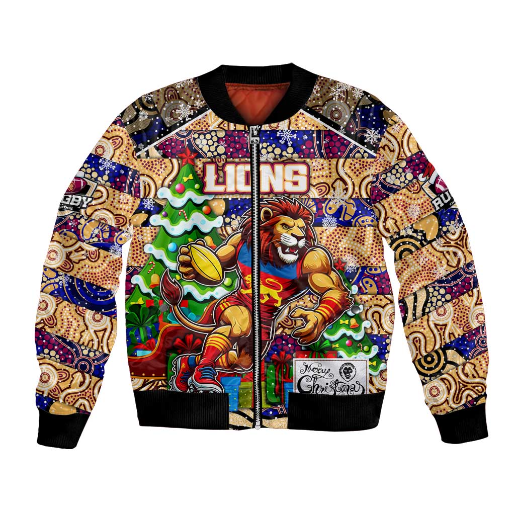 Custom Lions Rugby Merry Christmas Bomber Jacket Indigenous Australian Art