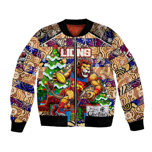 Custom Lions Rugby Merry Christmas Bomber Jacket Indigenous Australian Art