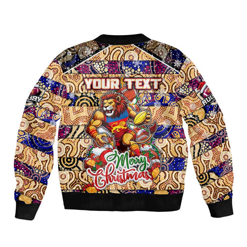 Custom Lions Rugby Merry Christmas Bomber Jacket Indigenous Australian Art