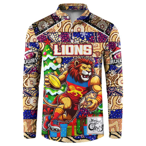 Custom Lions Rugby Merry Christmas Button Sweatshirt Indigenous Australian Art