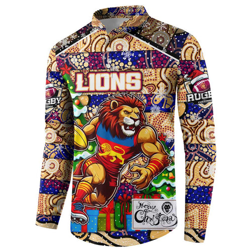Custom Lions Rugby Merry Christmas Button Sweatshirt Indigenous Australian Art