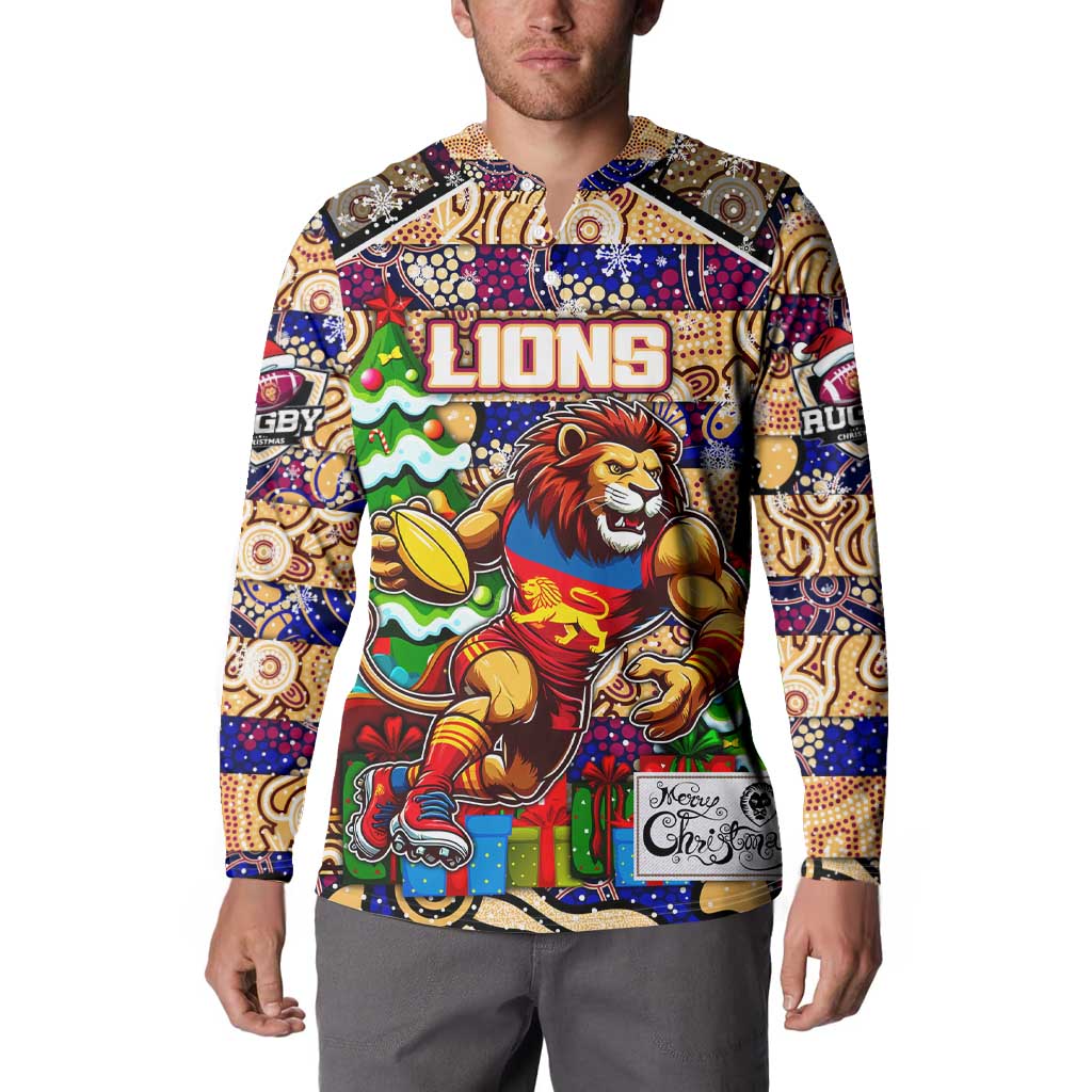 Custom Lions Rugby Merry Christmas Button Sweatshirt Indigenous Australian Art